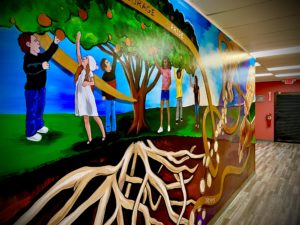 A mural in the American Association of Single Parents' new food pantry in Dolton, IL