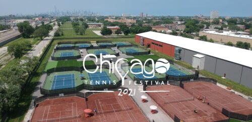 XS Tennis' facility with the Chicago skyline in the background