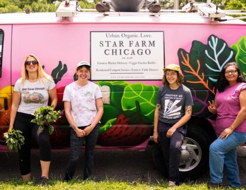 A group of staff and volunteers from Star Farm Chicago standing in front a van the nonprofit uses to distribute locally grown organic produce in and around Chicago's Back of the Yards neighborhood