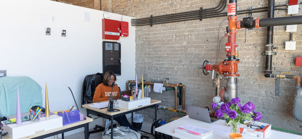 The box office, which doubles as staff workspace, at Detroit Public Theatre's Third Avenue Garage