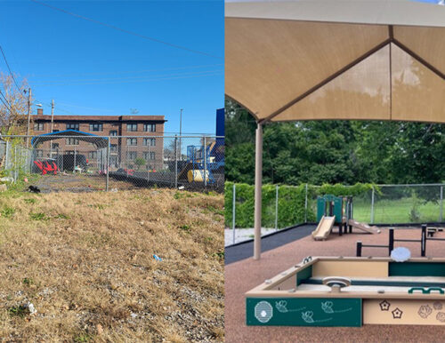 Before and after images of the outdoor play space at Hamilton’s Learning Center, a QFA grantee in East St. Louis.
