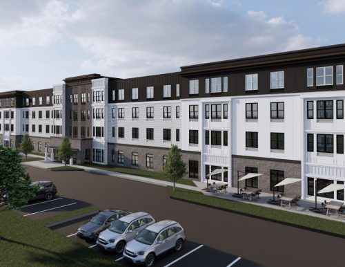 An architect's rendering of a four-story modern residential multifamily building with white siding, dark windows, and a brick base.