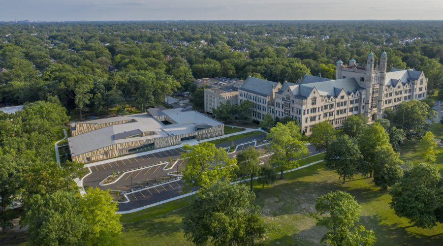 Arial view of Marygrove Early Education Center and Marygroce College campus.
