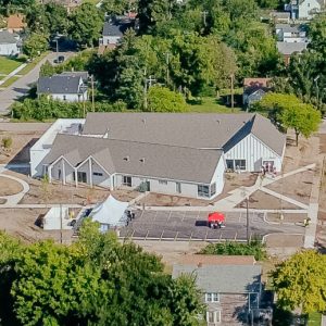 Aerial photo of the McClellan Early Childhood Education Center and some of the surrounding neighborhood.