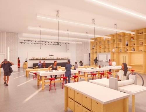 An architect's rendering of a bright pottery studio with tables, stools, pottery wheels, and large shelves filled with ceramics.