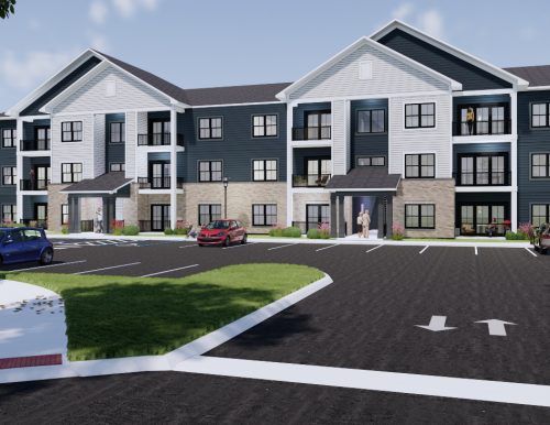 An architect's rendering of a modern three-story apartment building with dark blue and light gray siding, large windows, and balconies, surrounded by a parking area and greenery. A person rides a bicycle in front of a parked blue car.