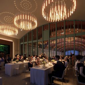 Guests seated at tables during a formal dining event with elegant lighting and decor.