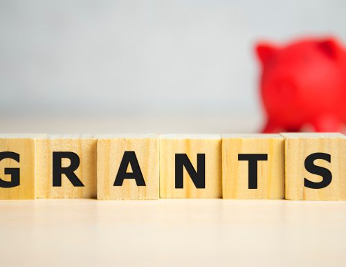 Wooden blocks spelling "GRANTS" with a red piggy bank blurred in the background.
