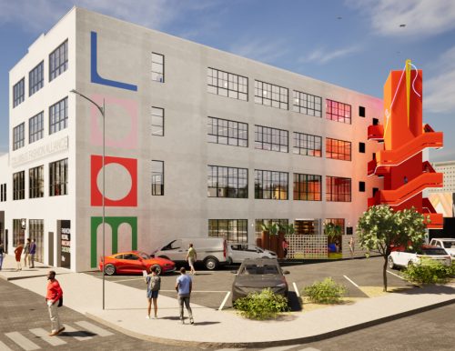 A rendering of a modern multi-story building with a white facade and colorful "BOLD" lettering, featuring a vibrant red staircase sculpture and parked cars, set against a blue sky.